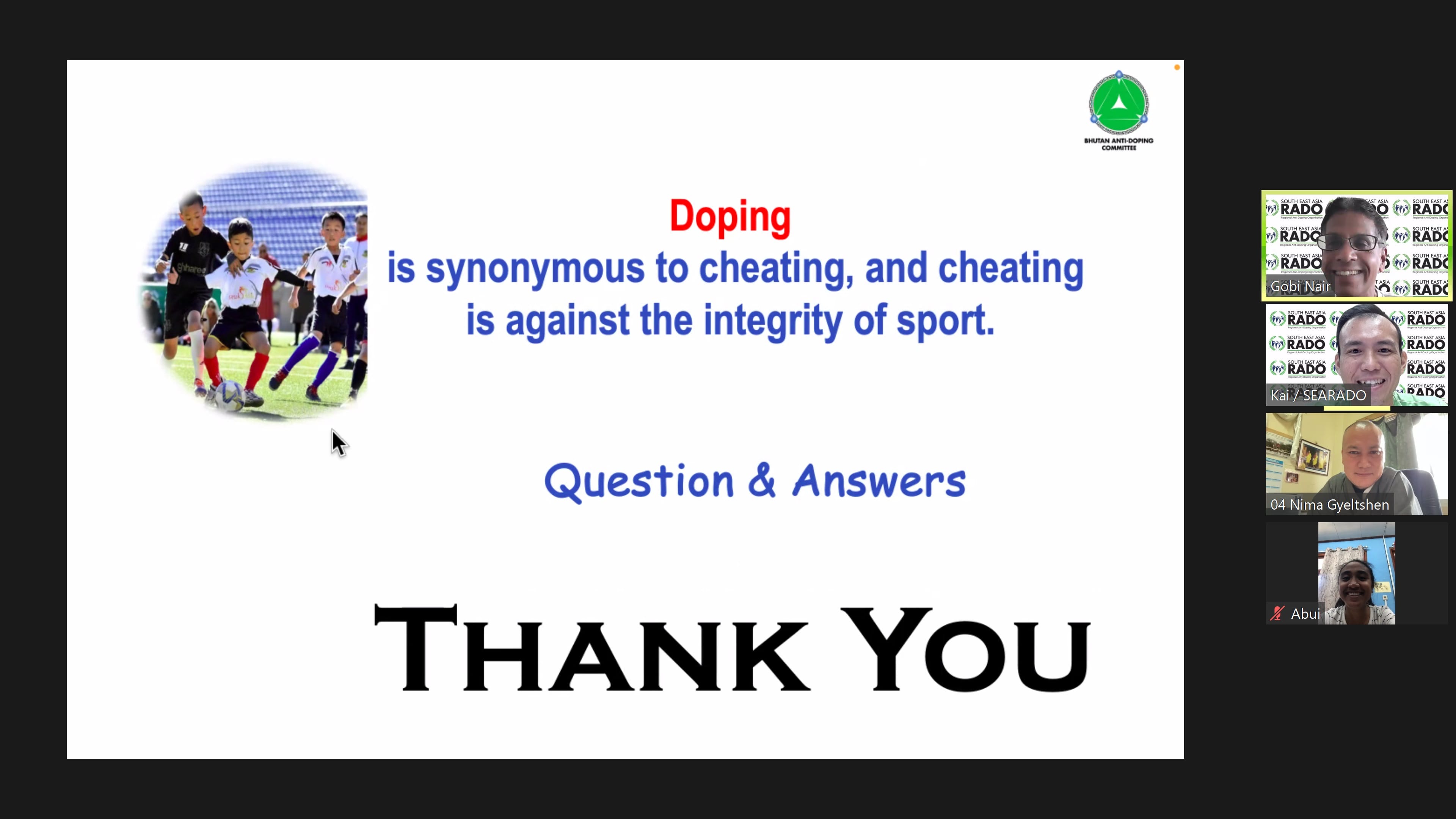 Anti-doping presentation slide showing "Thank You" and "Question & Answers" with participant video feeds on the right.
